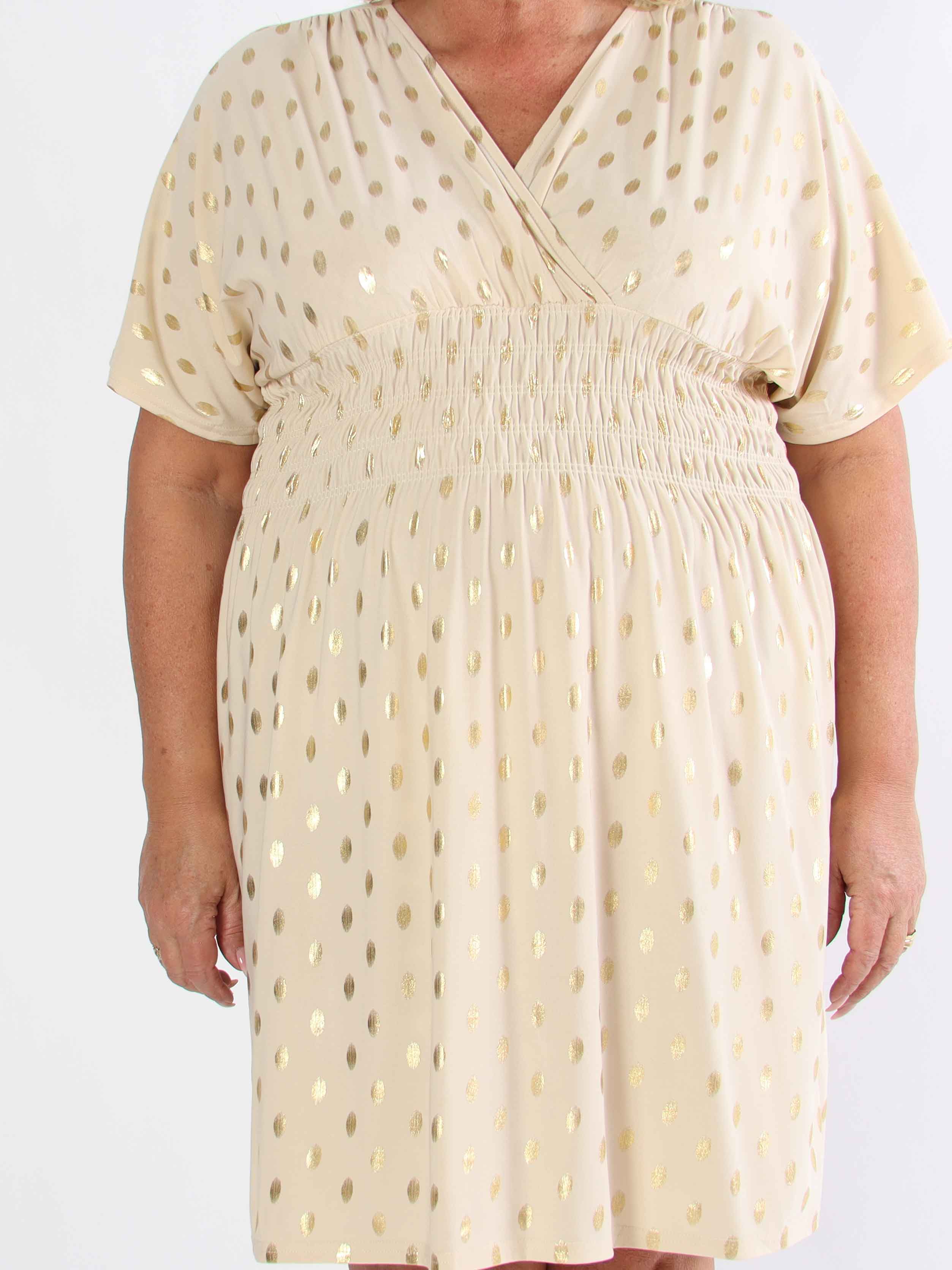 Pams Dot Short - Plus size elastisk kjole med guld prikker